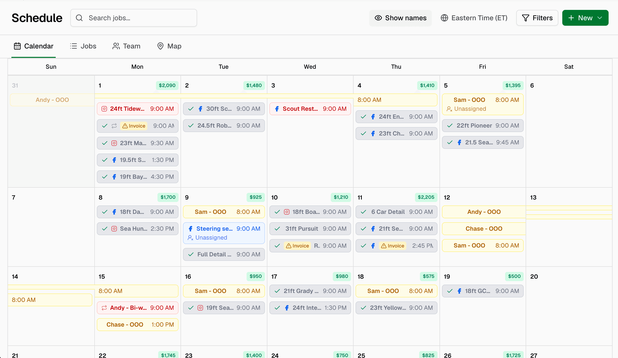 Booked calendar of marine jobs — Knotical Software keeps the schedule full and organized