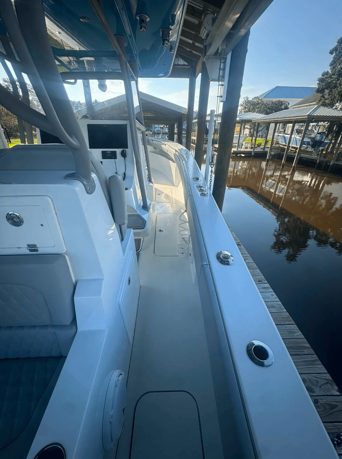 Center console deck after Lagniappe Yacht Care detailing in Pass Christian, MS