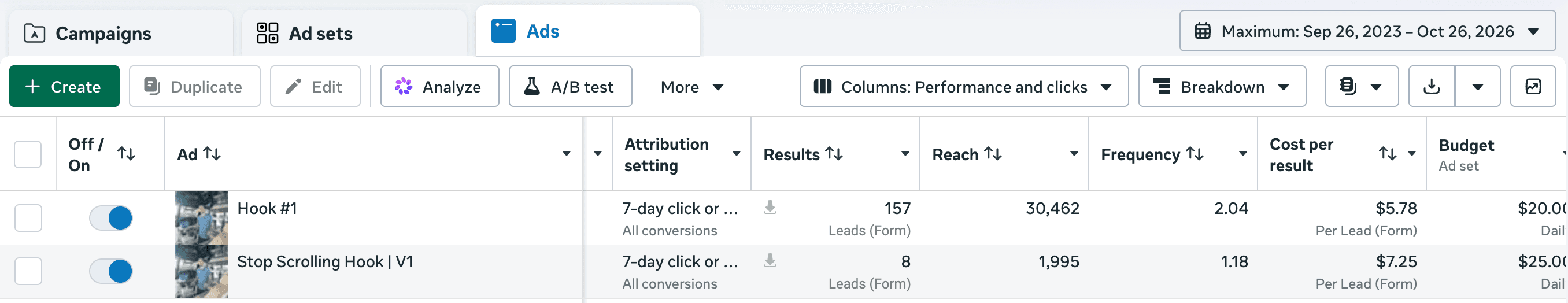 Meta Ads Manager: Starboard Hook #1 — 157 leads at $5.78