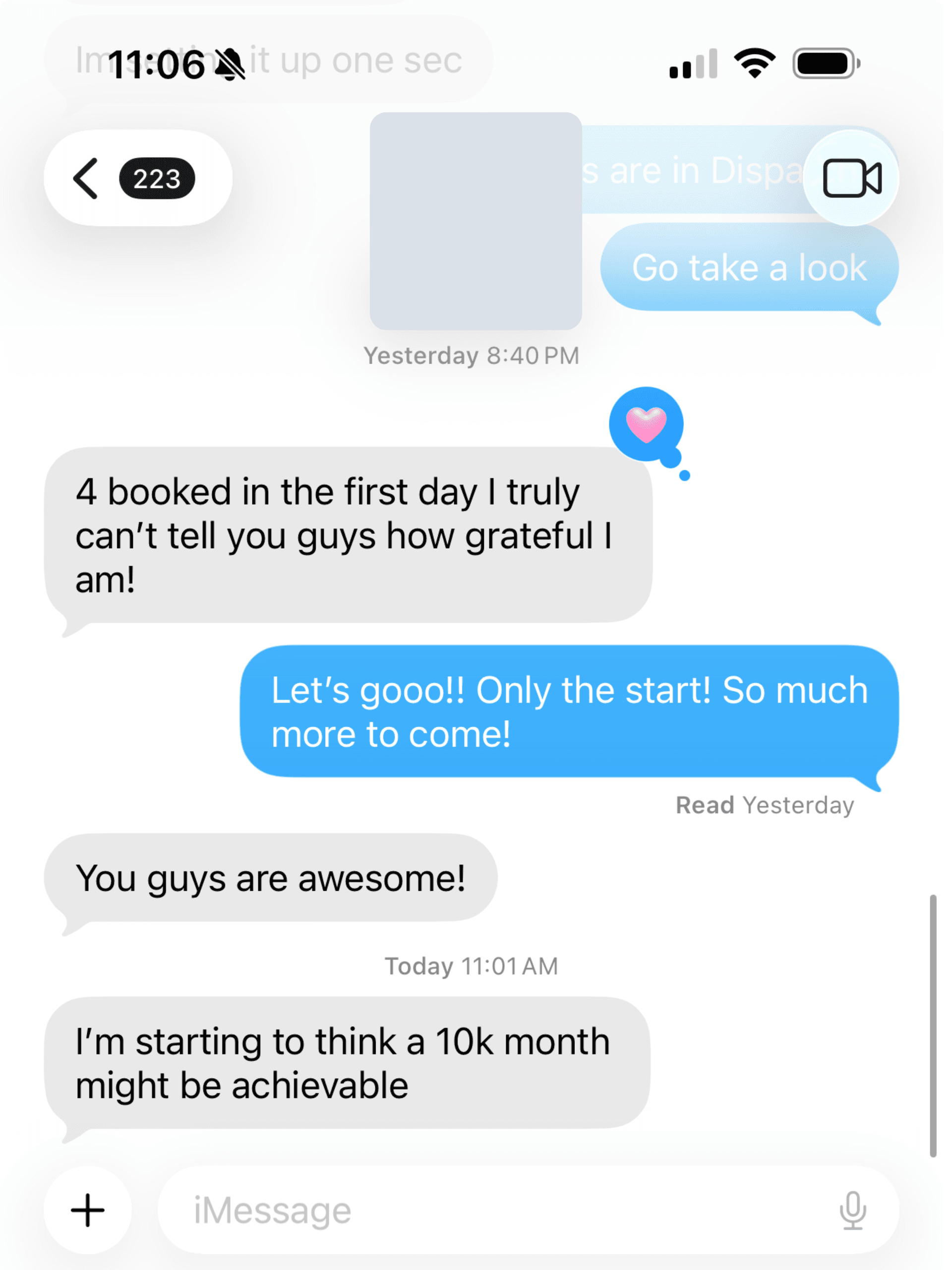 Client text: 4 booked on the first day and thinking a 10k month is achievable