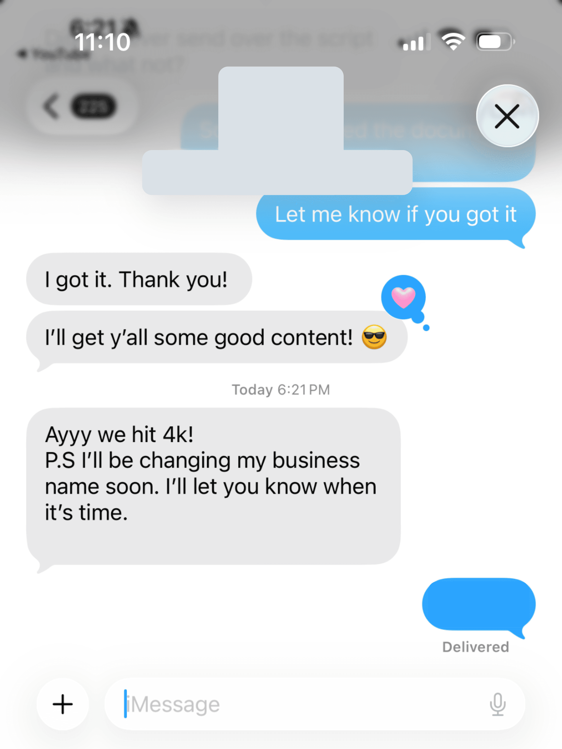 Client text: we hit 4k and changing the business name soon