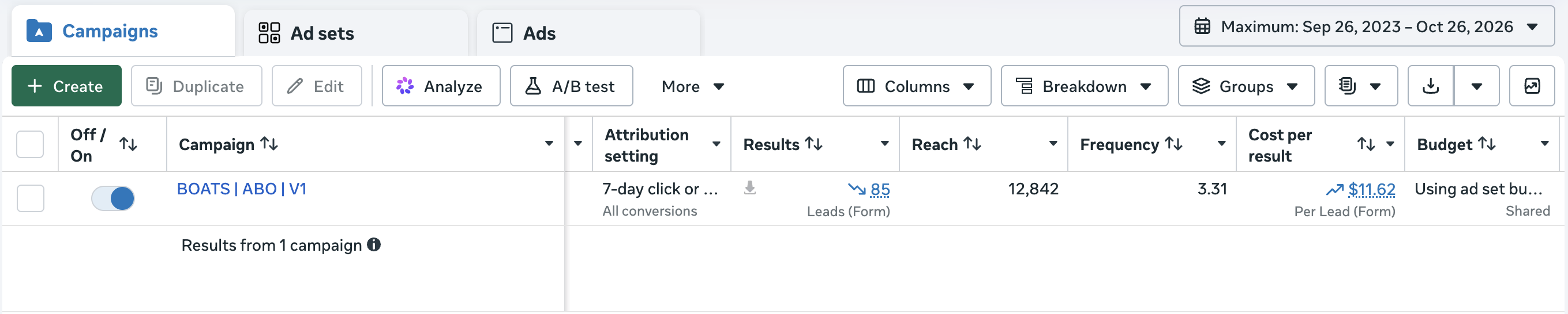 Meta Ads Manager: Lagniappe BOATS — 85 leads at $11.62